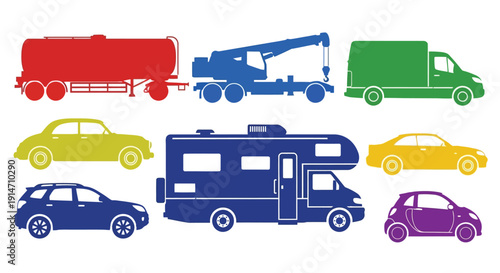 Colorful vector illustration of various transportation vehicles in a row