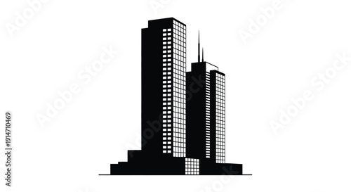 Minimalist black and white illustration of modern skyscrapers against a white background