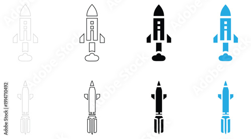 missile rocket icon vector set, rocket icon symbol vector, silhouette and line art illustration