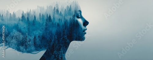 Silhouette woman, forest double exposure, mind, nature