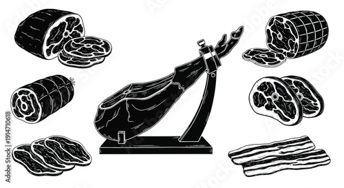 Black and white illustration of prosciutto ham and sliced meat arrangements