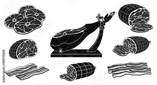 Black and white illustration of cured ham prosciutto and sliced meats