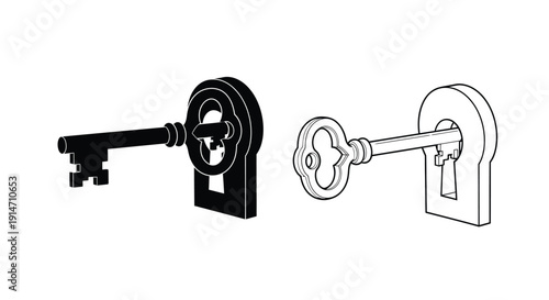 A black and white illustration depicting a key and a keyhole