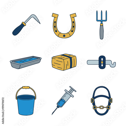 A colorful collection of nine cartoon icons illustrates essential horse care and stable equipment, including a hoof pick, horseshoe, and halter.