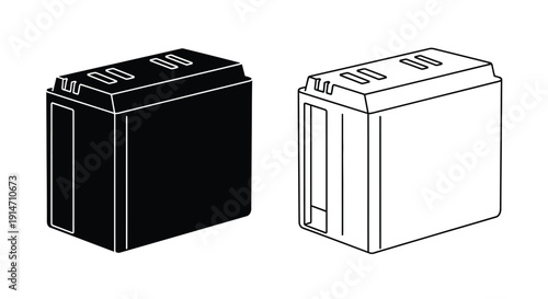 Two car batteries depicted in contrasting black and white line art styles
