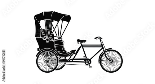 Black and white illustration of a traditional rickshaw bicycle