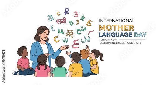 Illustration of a teacher and kids celebrating International Mother Language Day with linguistic diversity and multilingualism.