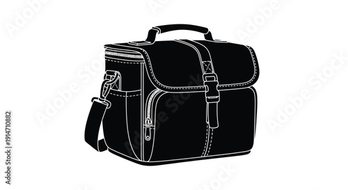 Black and white illustration of a vintage camera bag on a white background