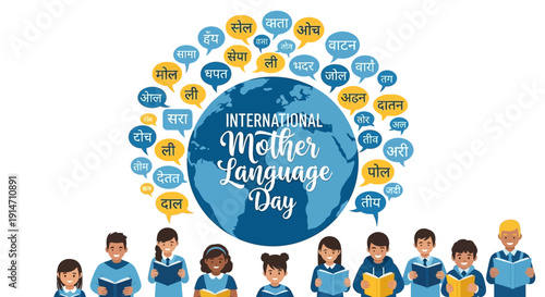 Children celebrating International Mother Language Day with speech bubbles, promoting linguistic diversity and multilingualism in America.
