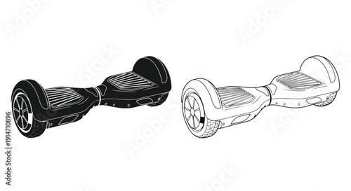 Two hoverboards in contrasting black and white line art illustrations