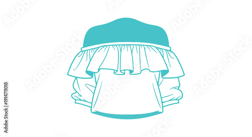 A turquoise illustration of a ruffled bonnet or baby hat