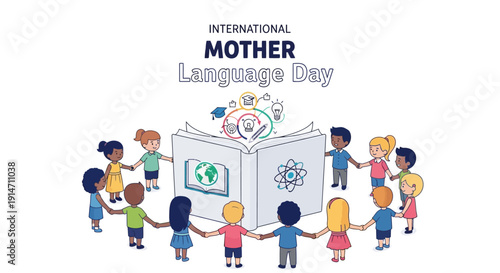 Children of diverse backgrounds celebrate International Mother Language Day with a book and words symbolizing linguistic diversity and cultural heritage.