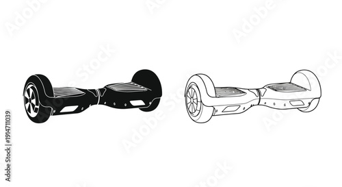 Two views of a self balancing scooter shown in black and white line art