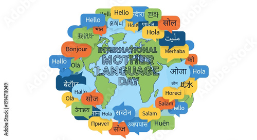 A colorful illustration of a globe with speech bubbles in different languages for International Mother Language Day, highlighting linguistic diversity and multilingualism.