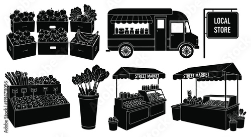 Black and white illustration of a farmers market with stalls and a food truck
