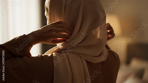 Muslim Woman in Hijab Standing by Window, Soft Sunlight Illuminating Interior