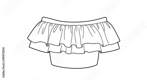 A black and white line drawing of a ruffled off the shoulder top