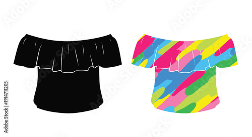Two off the shoulder tops one black silhouette and one colorful abstract design