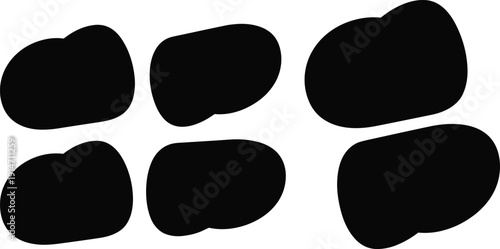 Abstract illustration of six irregular black shapes arranged in two rows, resembling organic blobs or stones, isolated on white background for design, art, and pattern recognition concepts.