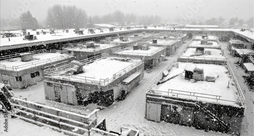 Snow-covered industrial buildings