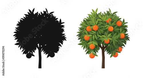 Colorful orange tree illustration paired with its black silhouette counterpart