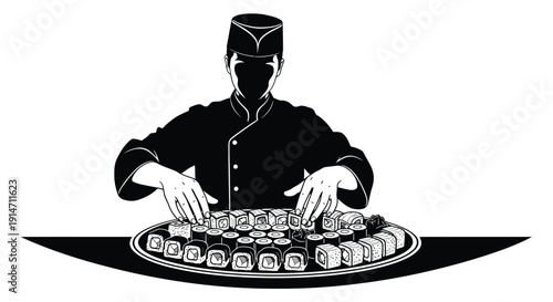 A silhouetted waiter presenting a tray of assorted sushi rolls