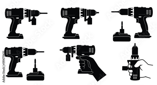 Black silhouette icons depicting various power drill designs and orientations