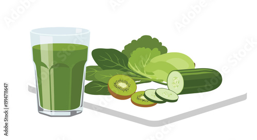 A vibrant green smoothie with fresh vegetables and kiwi fruit displayed