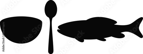 Black silhouettes of bowl, spoon, and fish icons, minimal vector design representing food, dining, seafood meal concept, abstract illustration for stock photography buyers