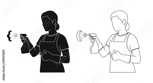 Woman spraying liquid with a bottle depicted in line art and solid black