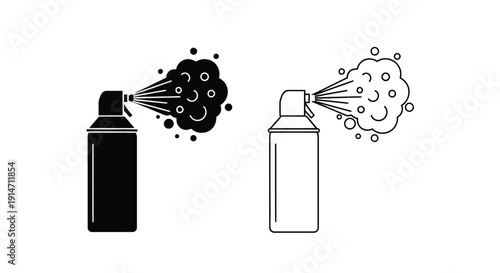 Two spray cans emitting streams of liquid depicted in contrasting styles