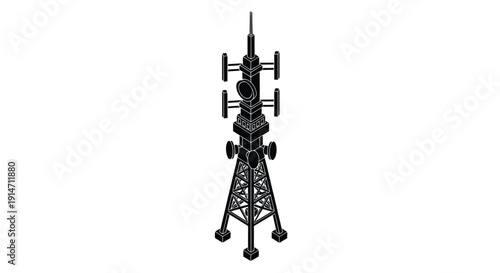 A black and white illustration of a tall communication or transmission tower