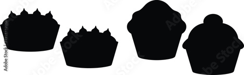 Black silhouettes of cupcakes in varied decorative designs, minimal vector icons representing bakery desserts, sweet food illustration concept for stock photography and creative design buyers