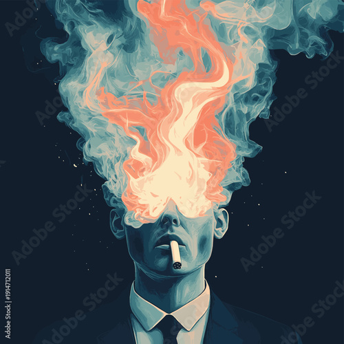 Surreal businessman with smoking head conceptual portrait abstract stress burnout mental health concept on dark moody background , vector style simple color