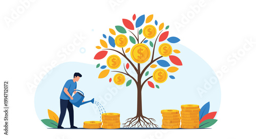 Male gardener watering lush money tree bearing large gold dollar coins symbolizes long term financial investment and wealth growth.
