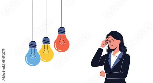 Businesswoman contemplating different colored hanging light bulbs illustrates brainstorming sessions and creative problem solving in office.