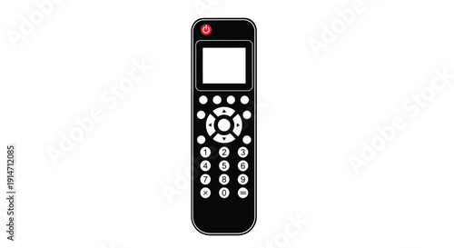 A black television remote control with a blank screen and circular buttons