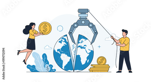 Global economic power and wealth redistribution depicted through two people manipulating split earth with crane and gold coins.