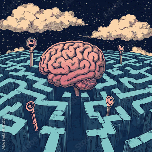 Surreal Maze with Human Brain Center, Keys, and Doors in the Sky - Conceptual Journey, Decision-Making, and Mental Challenges Illustration , vector style simple color