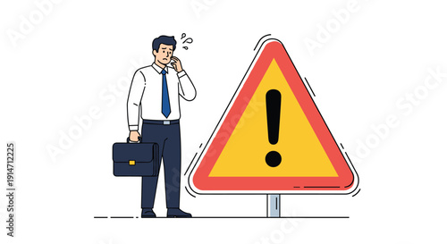 Stressed executive standing next to large yellow exclamation point warning sign symbolizes corporate risk management and caution.