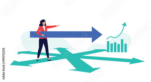 Visionary female leader holding large blue arrow at crossroads pointing towards future success and growth charts represents direction.