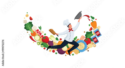 Professional chef jumping with joy amidst swirl of fresh organic vegetables and kitchen tools represents culinary creativity and health.