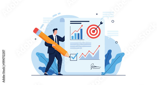 Focused manager using giant pencil to check off accomplishments on business report with growth charts and strategic targets.