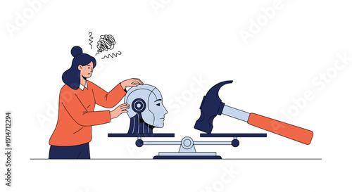 Ethical dilemma of artificial intelligence represented by woman weighing robot head against heavy hammer on old fashioned balance scale.
