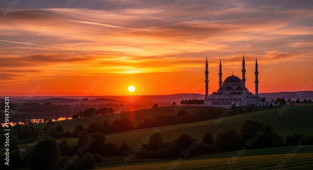 Fototapeta premium Mosque Silhouette at Sunset Landscape 1.