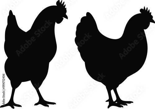 Black silhouettes of two chickens facing opposite directions, minimal vector icons representing farm animals, poultry design illustration concept for stock photography buyers