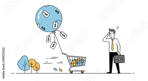 Concerned man looking at grocery cart pulled by rising balloon with price tags represents inflation and high cost of living.