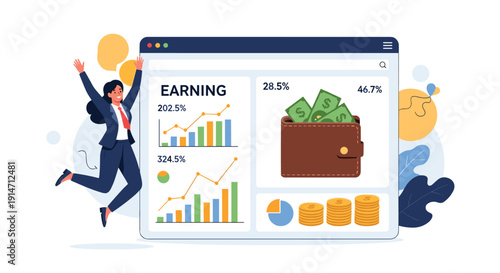 Joyful businesswoman jumping in celebration in front of digital dashboard showing high earnings and positive financial growth statistics.
