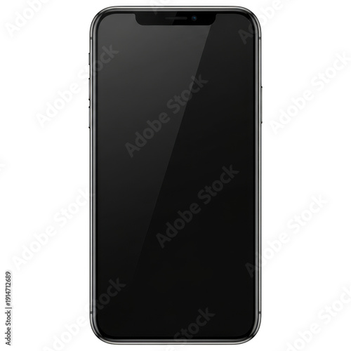 A sleek black smartphone with a reflective screen on a white background.
