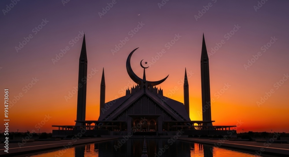 Fototapeta premium Mosque Silhouette at Sunset with Crescent Moon.